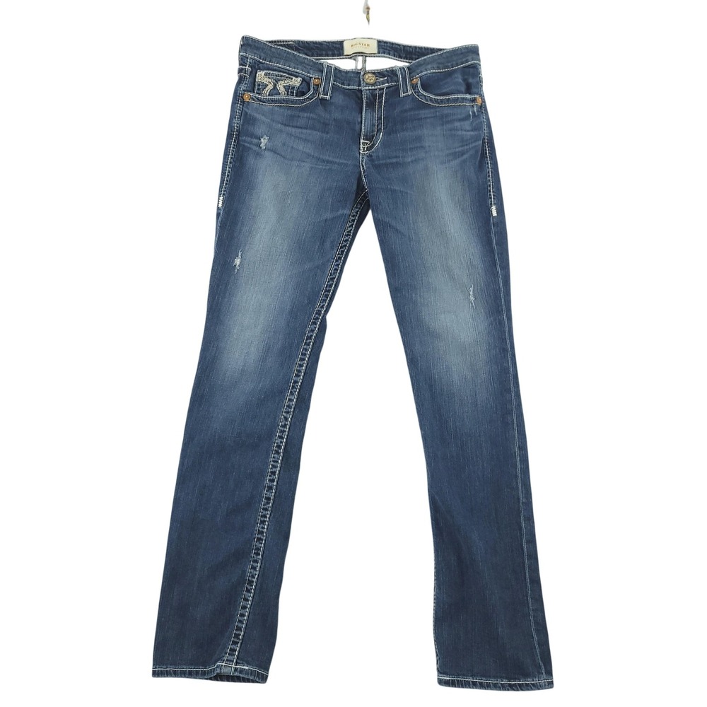 Big Star Kate Straight Jeans Womens 30R Blue Med Wash Low Rise Distressed Denim